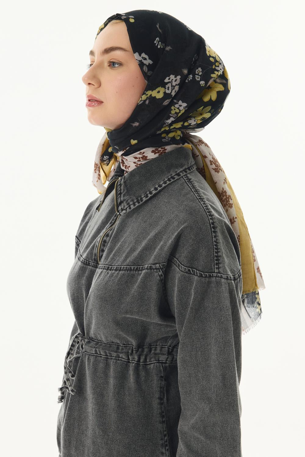 Lilac siyah çiçek desen pamuklu şal | Renk: Siyah