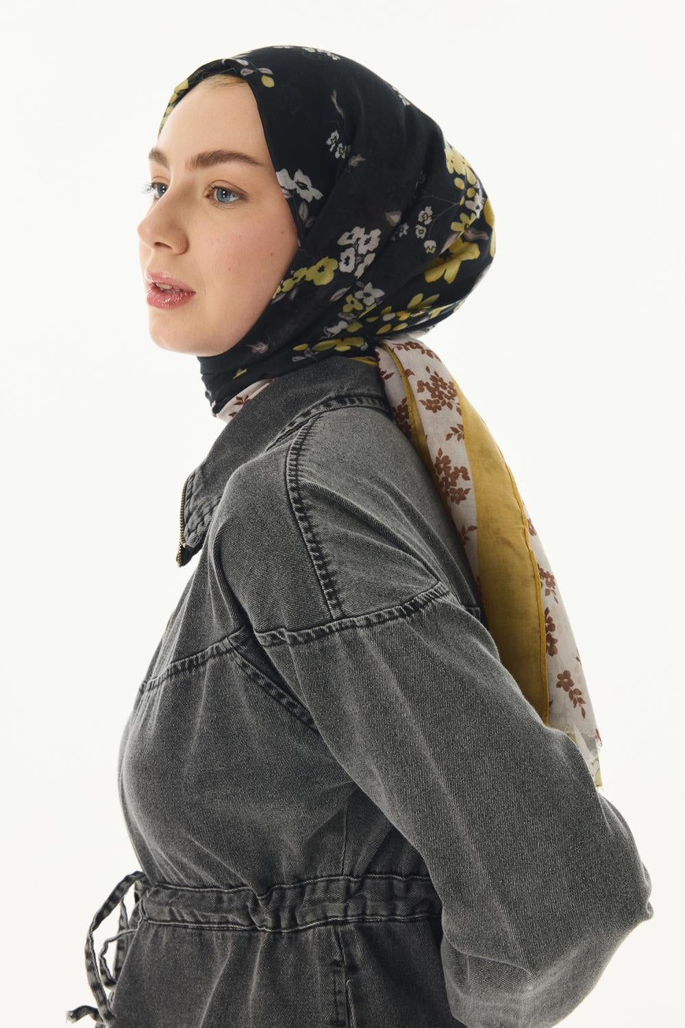 Lilac siyah çiçek desen pamuklu şal | Renk: Siyah