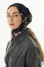 Lilac siyah çiçek desen pamuklu şal | Renk: Siyah