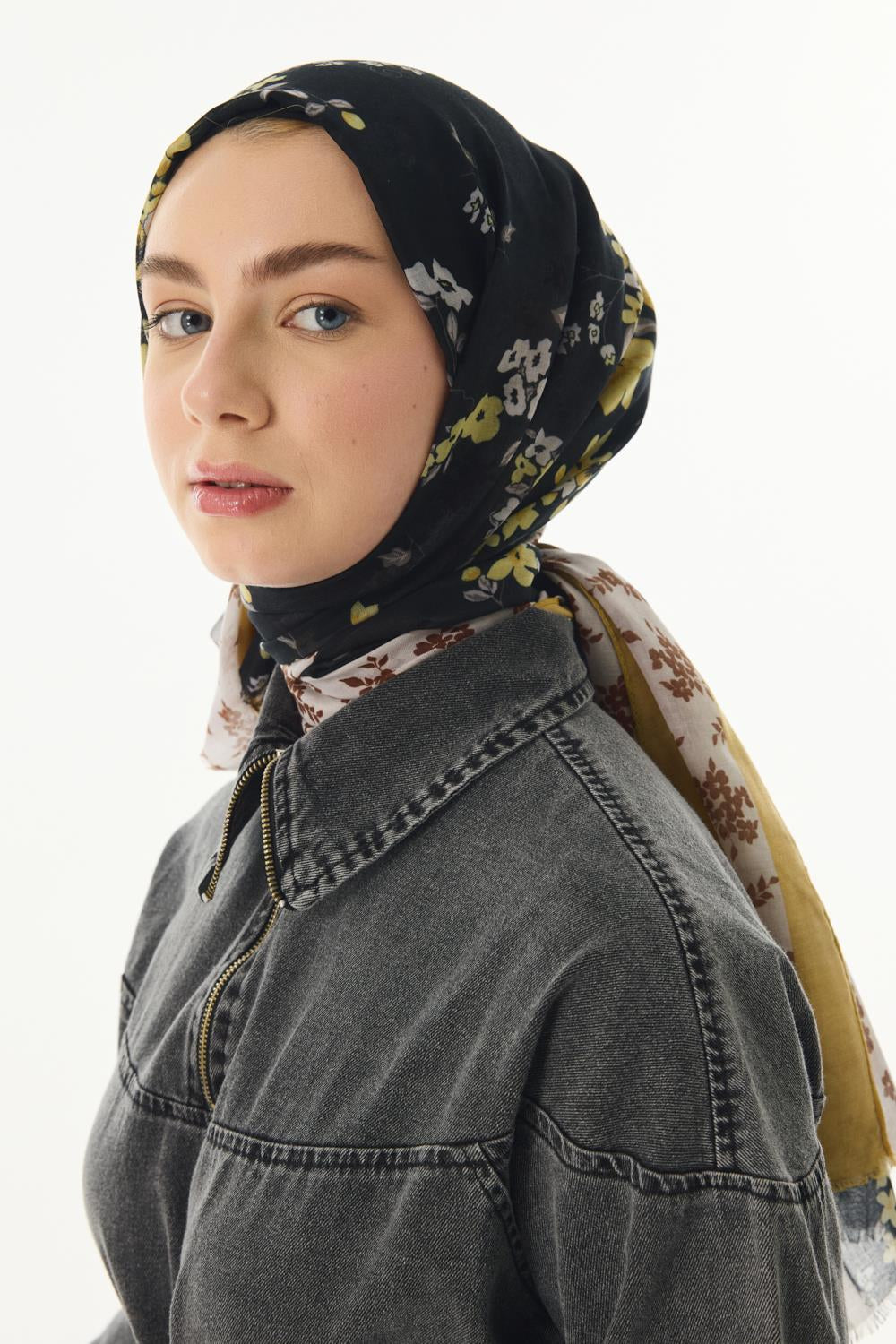 Lilac siyah çiçek desen pamuklu şal | Renk: Siyah