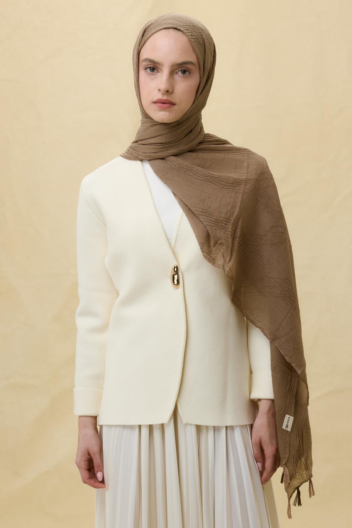 Lilyum koyu camel saçak püsküllü pamuklu şal | Renk: Koyu camel