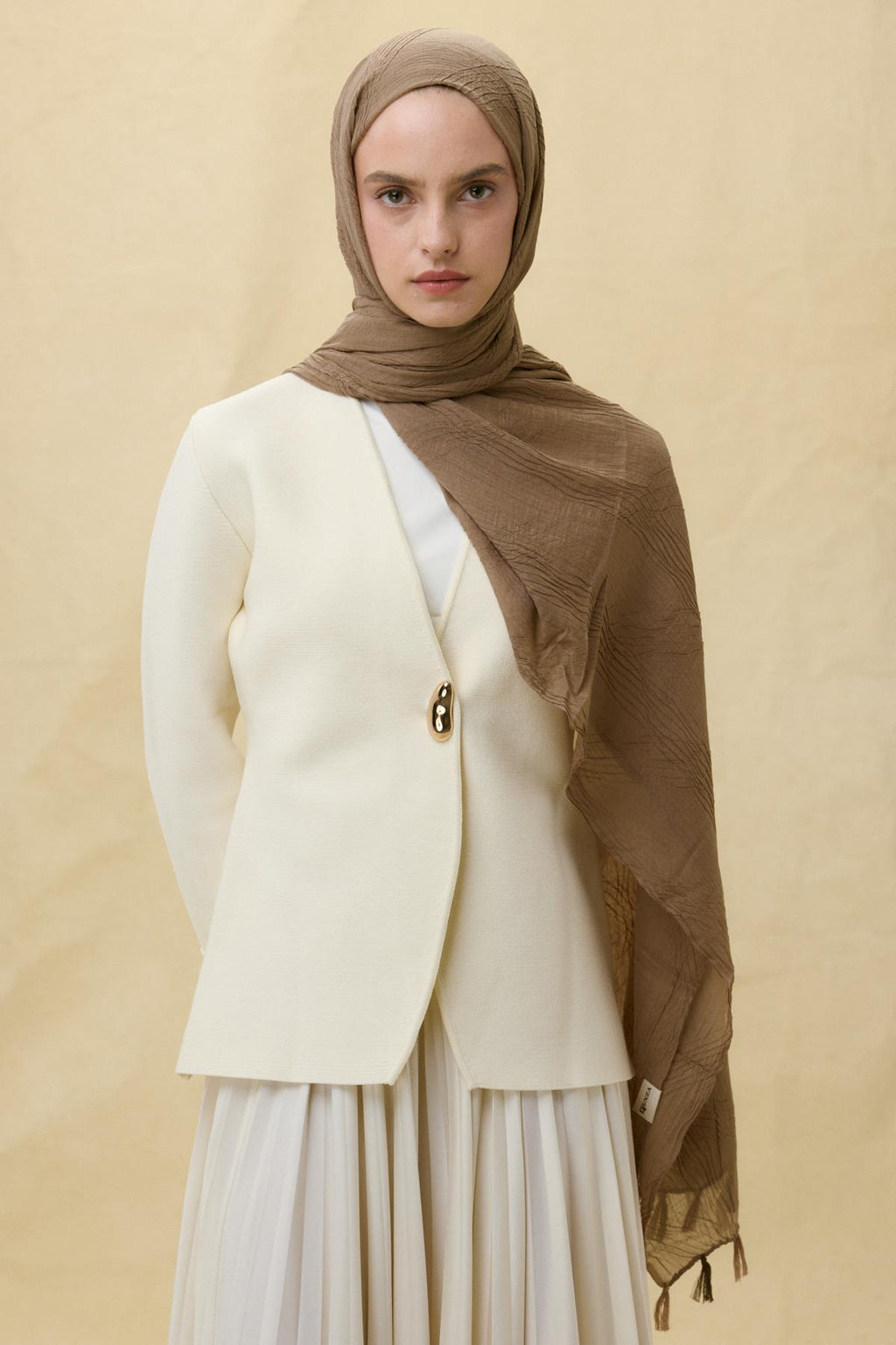 Lilyum koyu camel saçak püsküllü pamuklu şal | Renk: Koyu camel