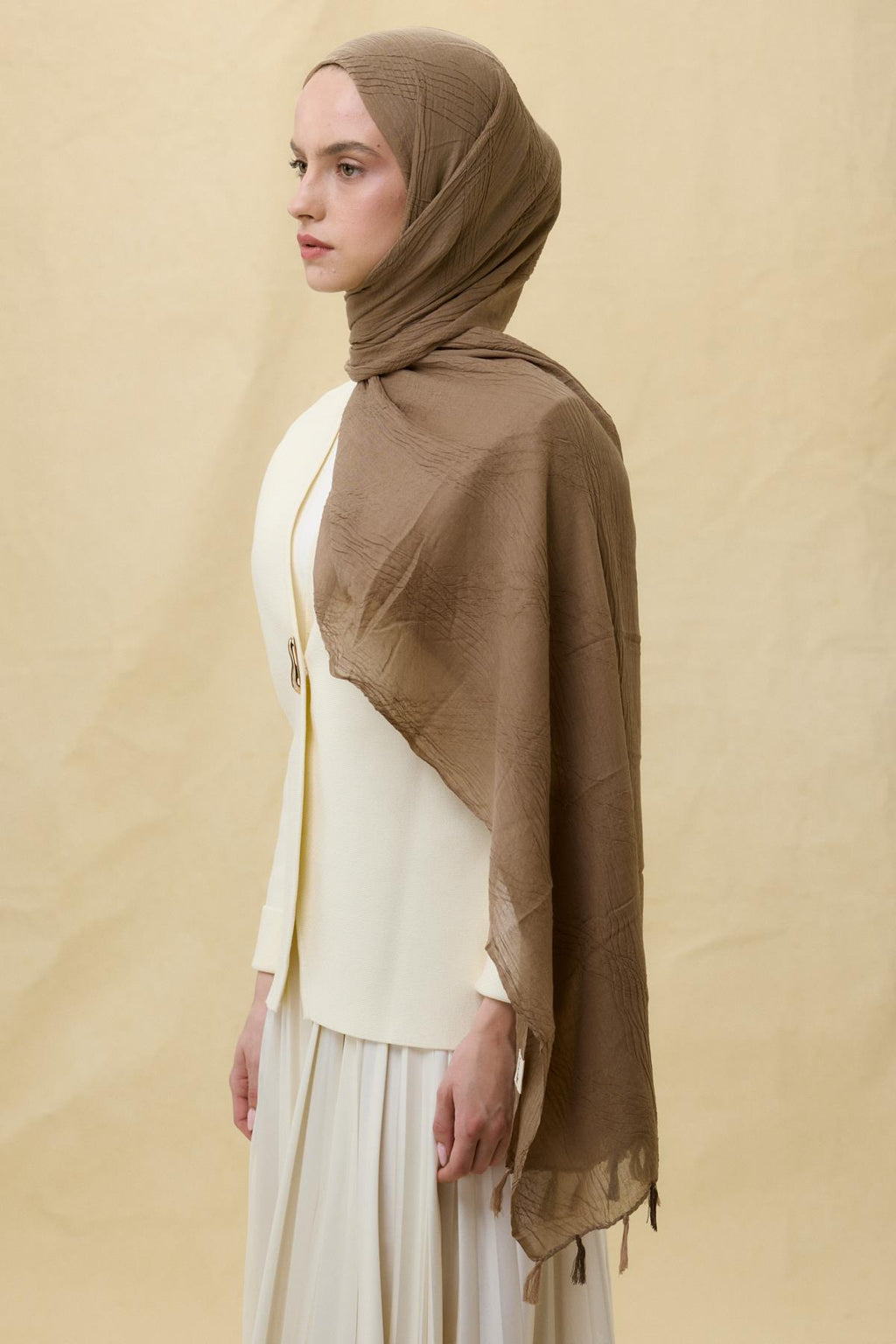 Lilyum koyu camel saçak püsküllü pamuklu şal | Renk: Koyu camel