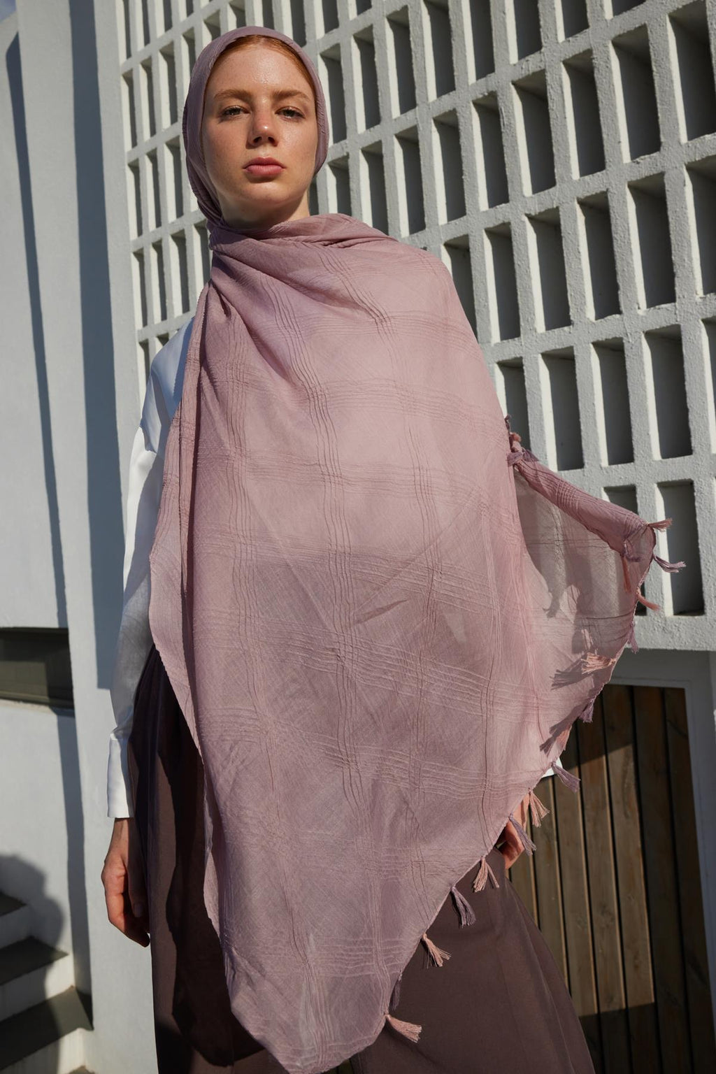 Lilyum orta pembe saçak püsküllü pamuklu şal | Renk: Orta pembe