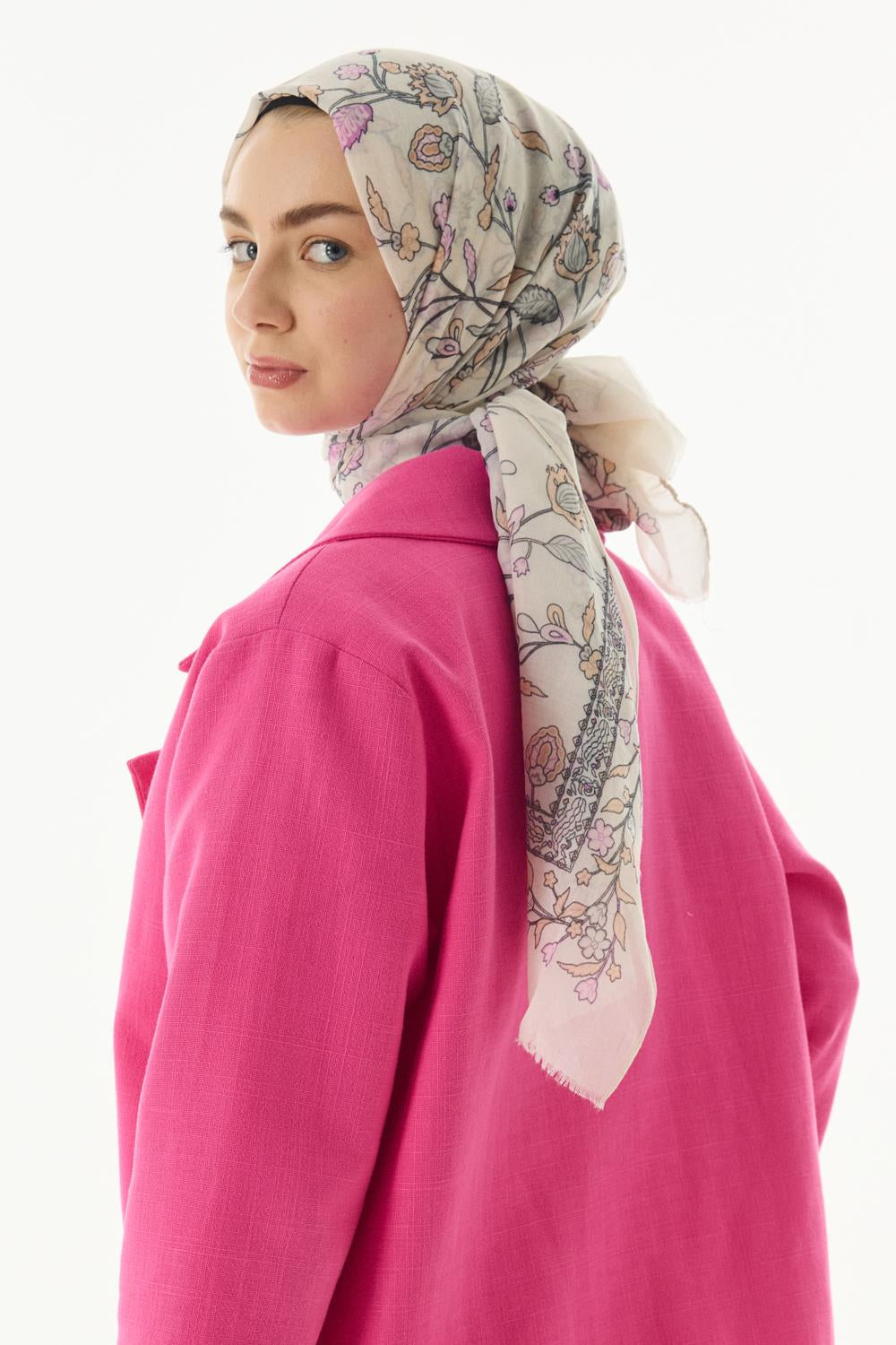 Lina krem-pembe nine desen pamuklu şal | Renk: Krem pembe