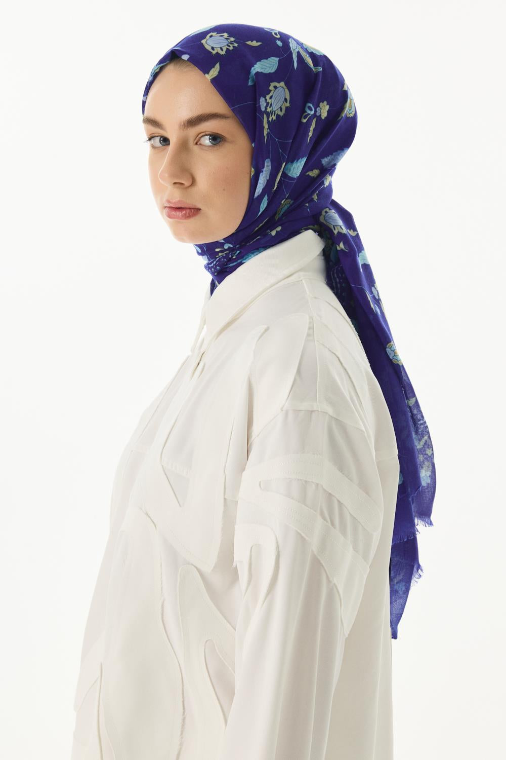 Lina saks mavi nine desen pamuklu şal | Renk: Saks mavi