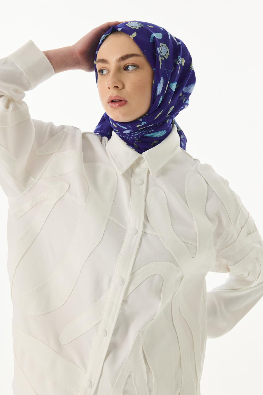 Lina saks mavi nine desen pamuklu şal | Renk: Saks mavi