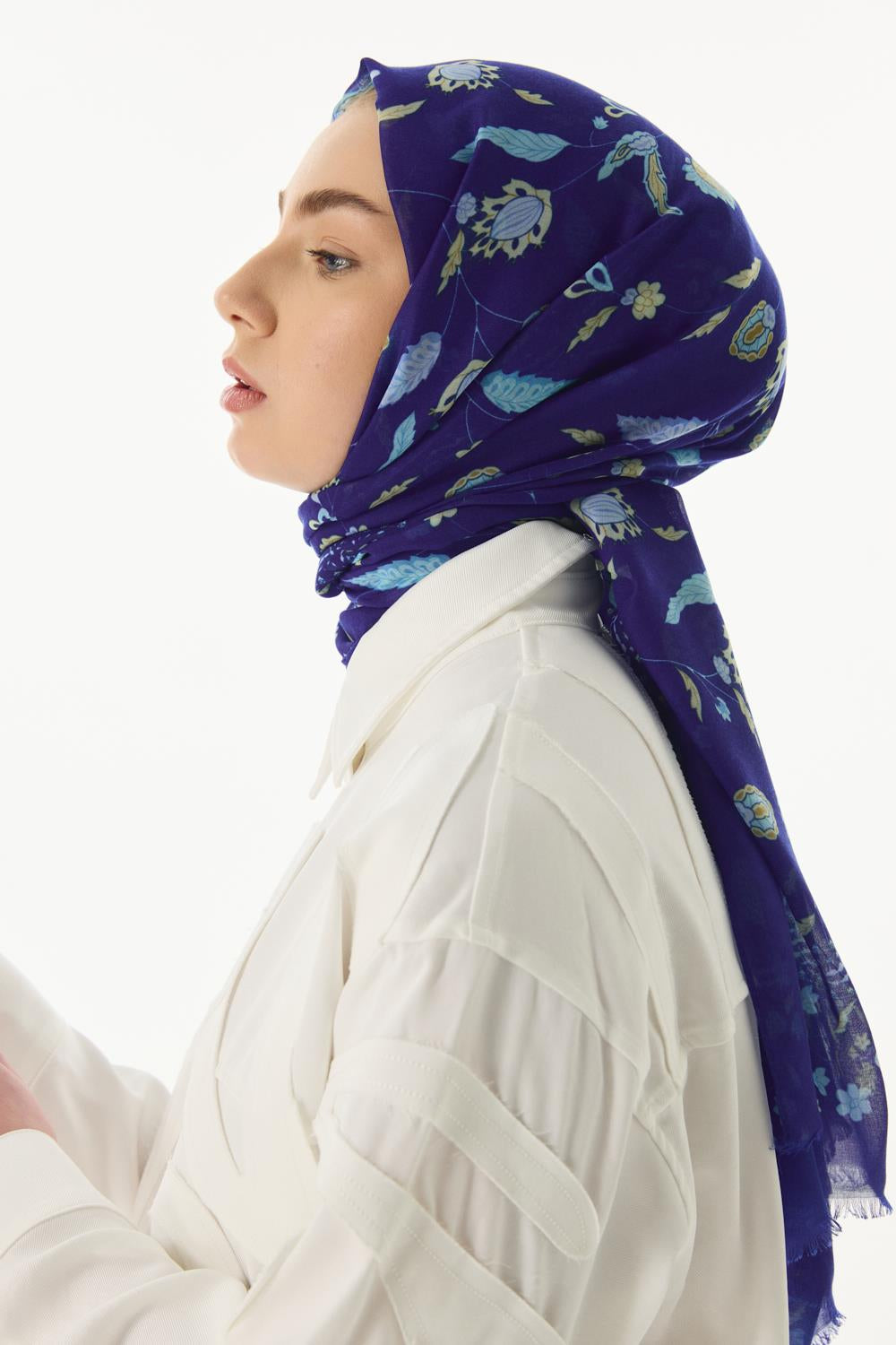 Lina saks mavi nine desen pamuklu şal | Renk: Saks mavi