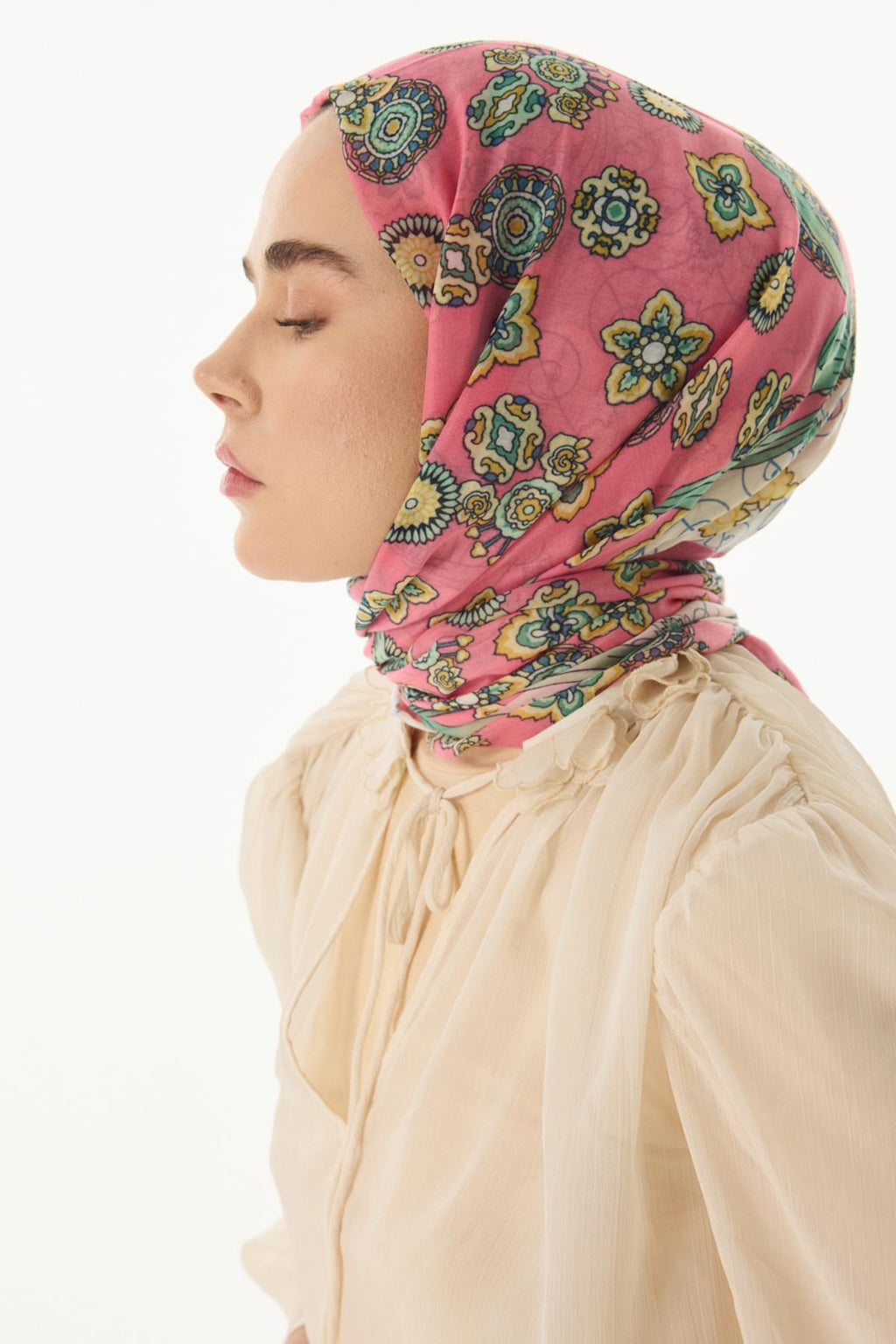 Lotus şeker pembe fiyonk desen pamuklu şal | Renk: Şeker pembe