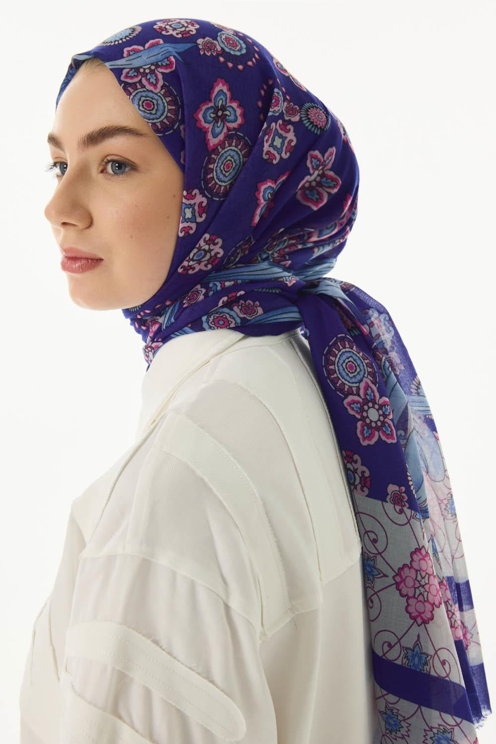 Lotus morcivert fiyonk desen pamuklu şal | Renk: Morcivert