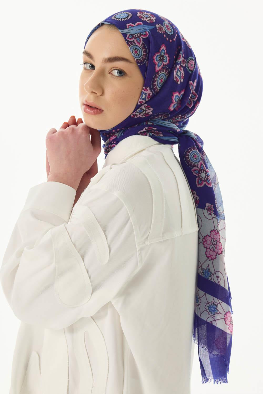 Lotus morcivert fiyonk desen pamuklu şal | Renk: Morcivert