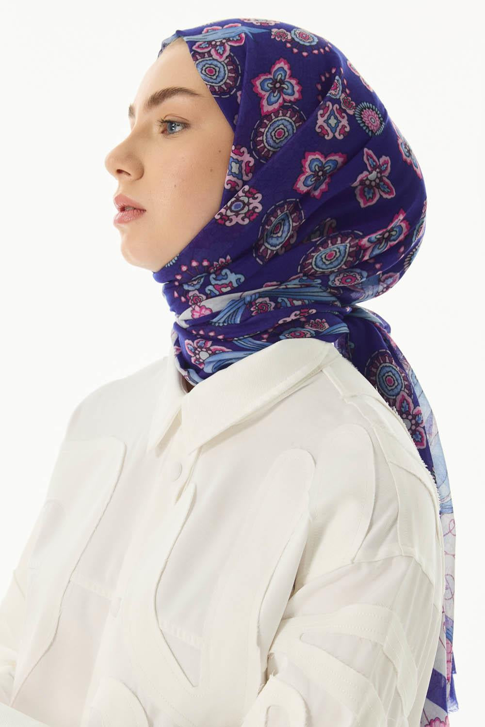 Lotus morcivert fiyonk desen pamuklu şal | Renk: Morcivert
