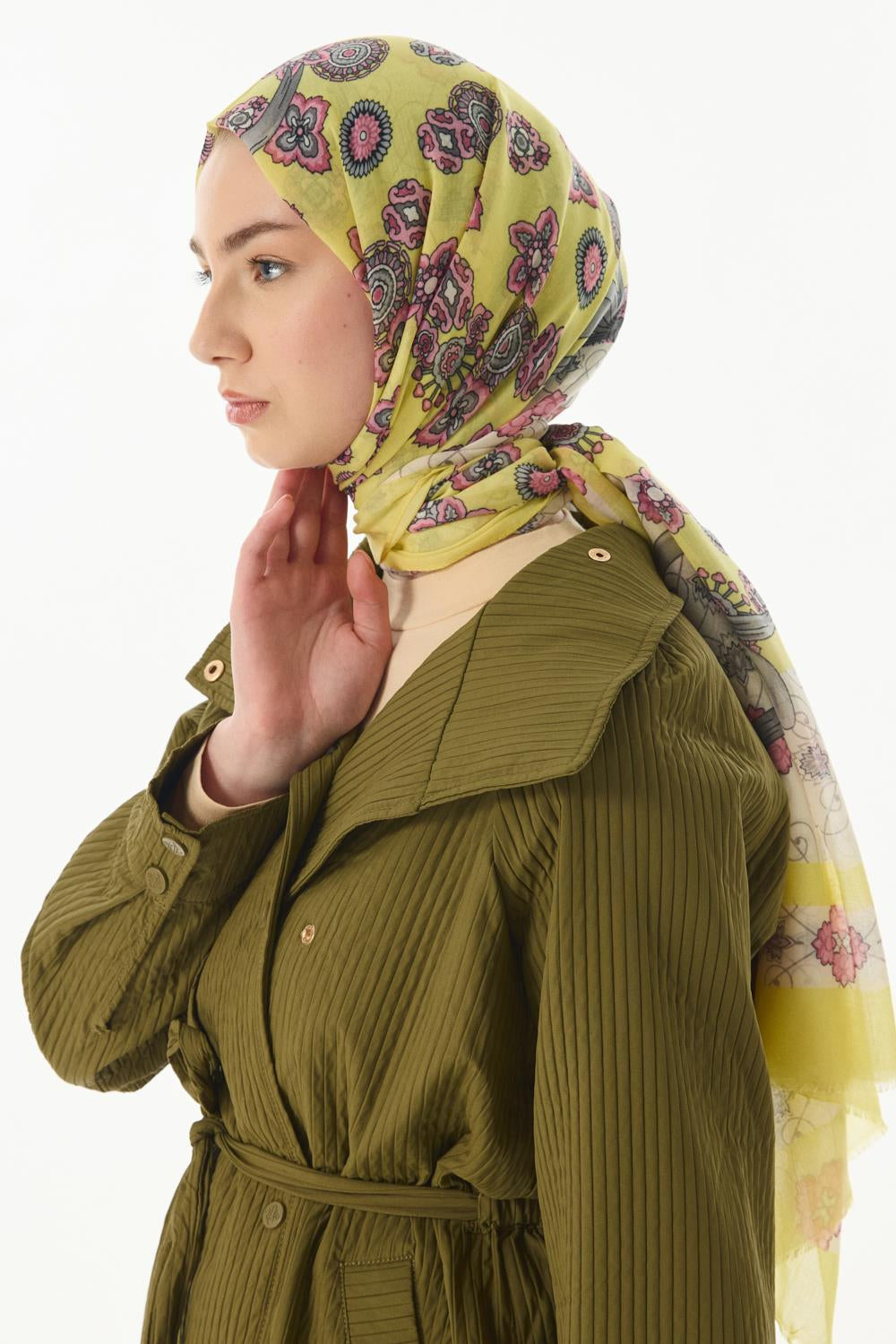 Lotus sarı fiyonk desen pamuklu şal | Renk: Sarı