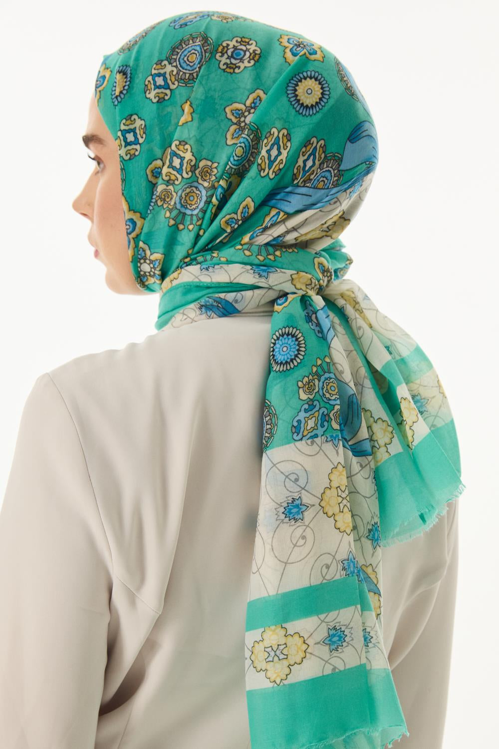Lotus turkuaz fiyonk desen pamuklu şal | Renk: Turkuaz