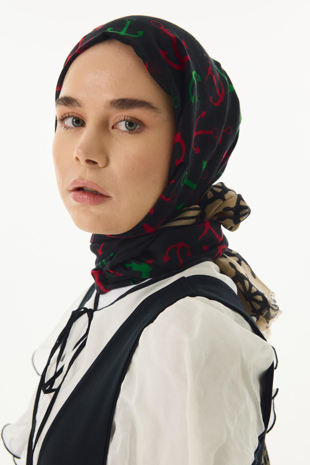 Mabel siyah-bej dümen desen pamuklu şal | Renk: Siyah bej