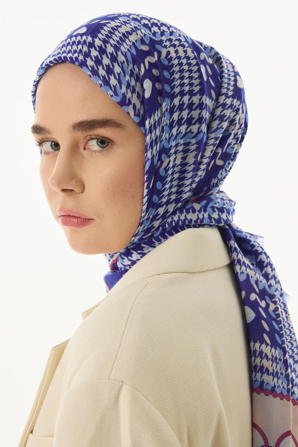 Maya mini kalpli kazayağı desen pamuklu şal | Renk: Saks mavi