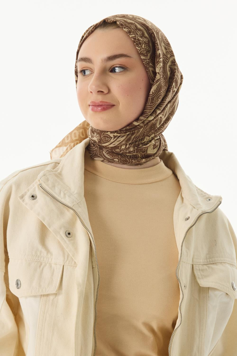 Mila camel etnik kutu desen pamuklu şal | Renk: Camel