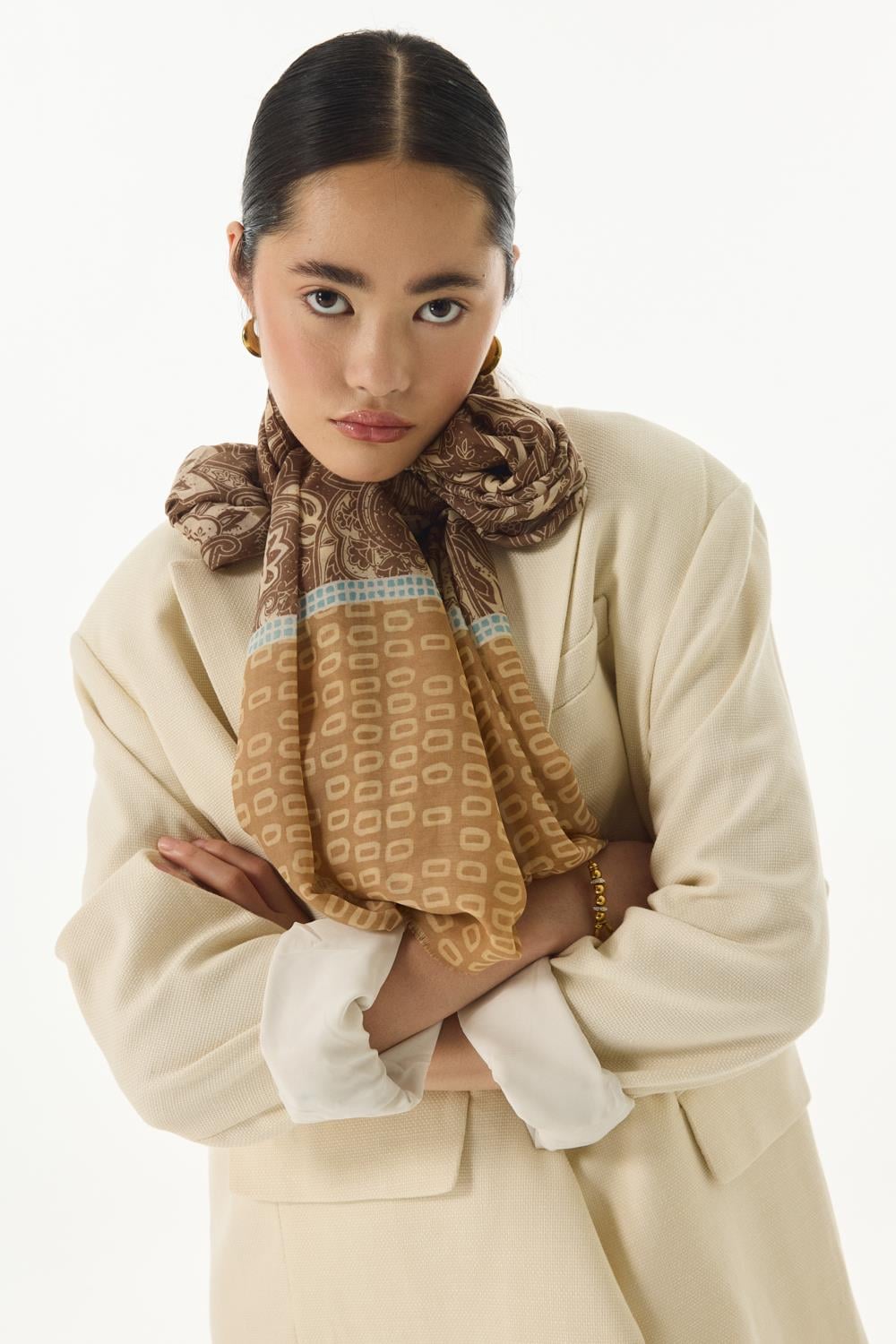 Mila camel etnik kutu desen pamuklu şal | Renk: Camel