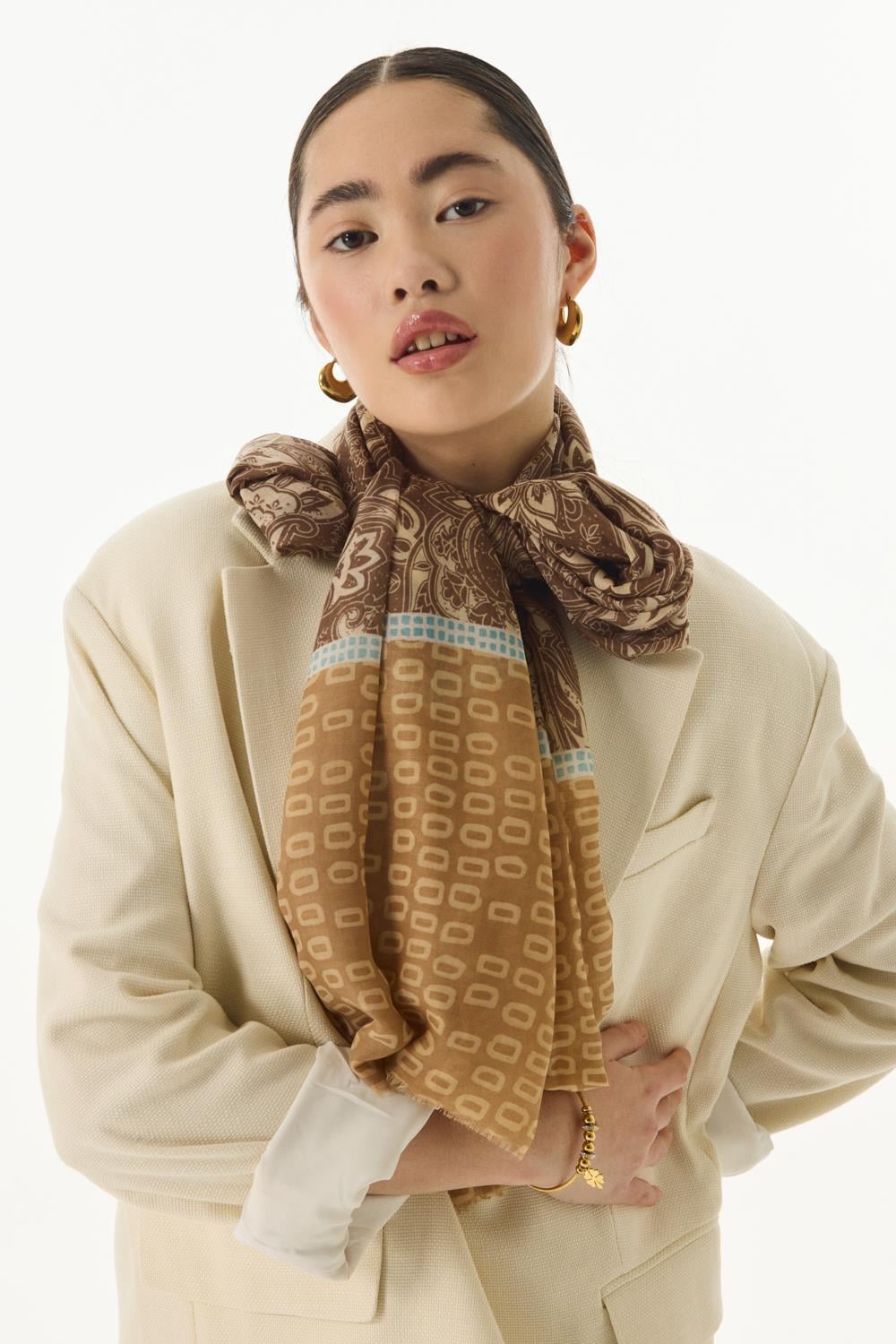 Mila camel etnik kutu desen pamuklu şal | Renk: Camel