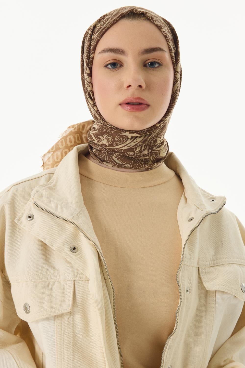 Mila camel etnik kutu desen pamuklu şal | Renk: Camel