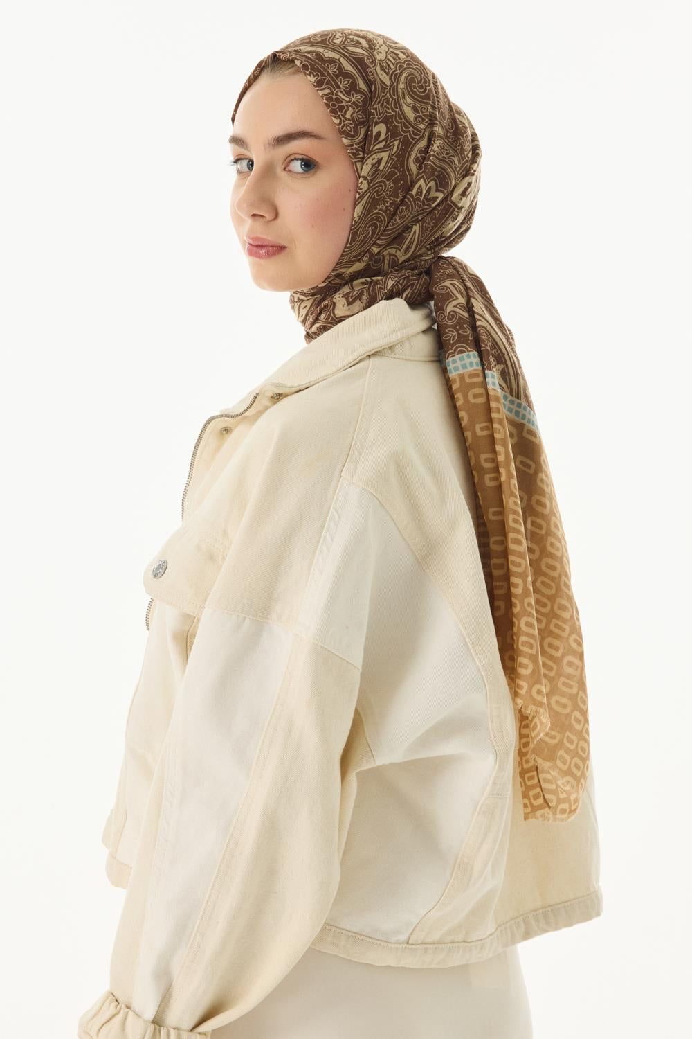 Mila camel etnik kutu desen pamuklu şal | Renk: Camel