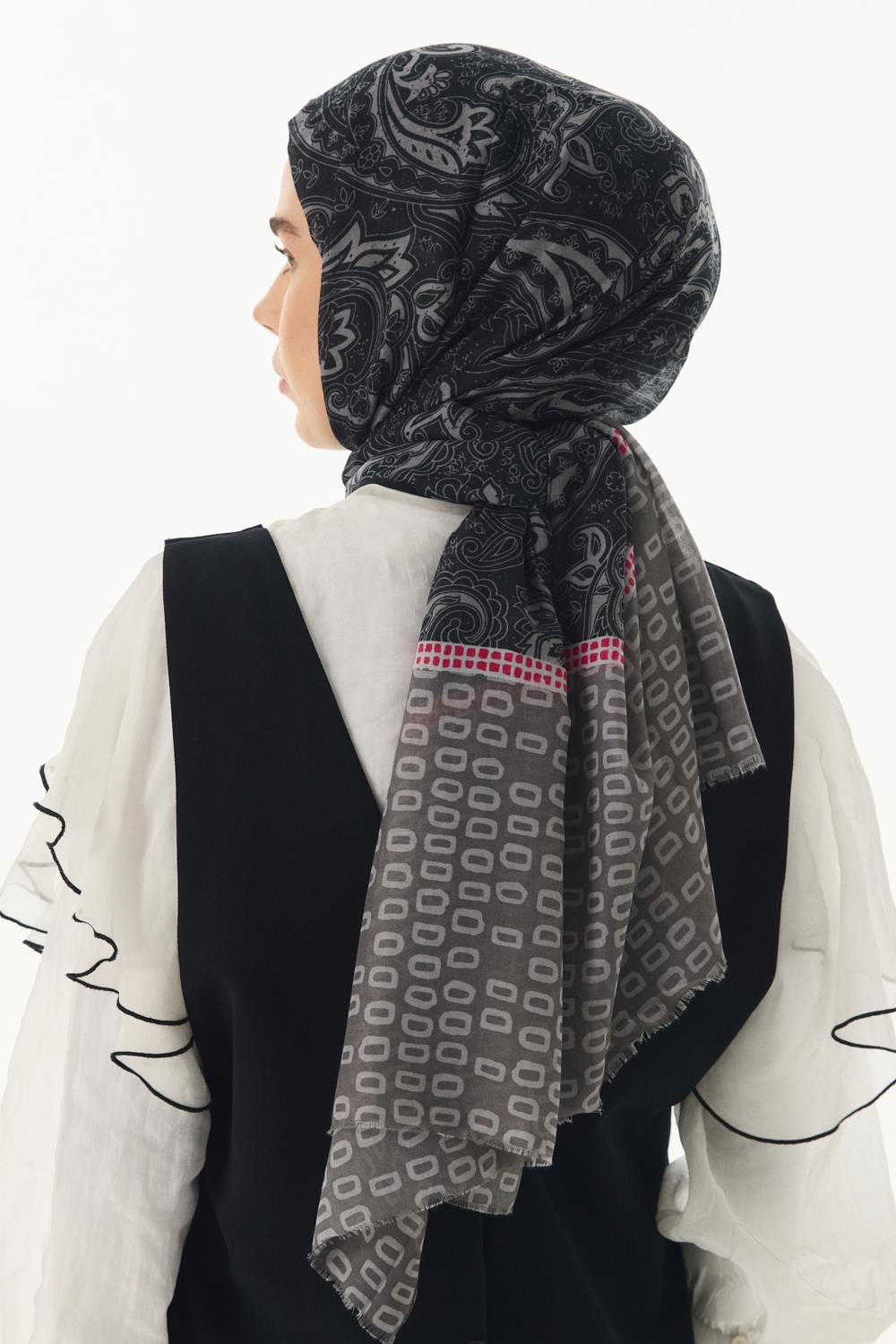 Mila siyah etnik kutu desen pamuklu şal | Renk: Siyah