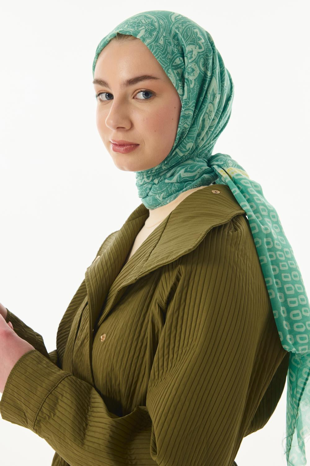 Mila yeşil etnik kutu desen pamuklu şal | Renk: Yeşil