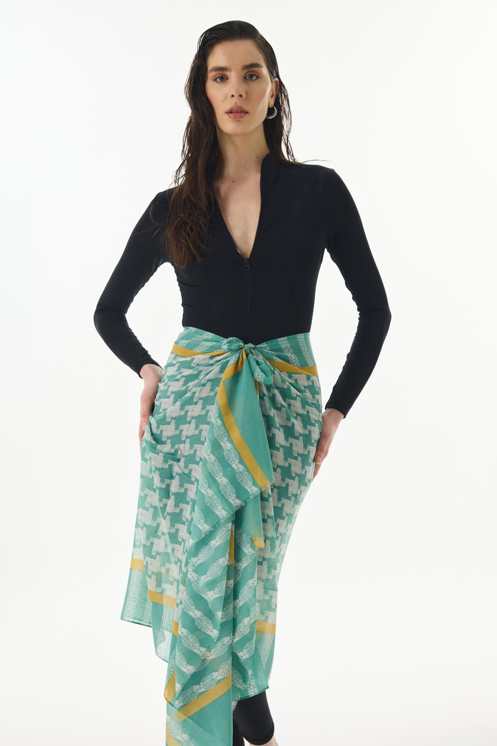 Misty mint yeşil çizgi desen pamuklu şal | Renk: Mint yeşil