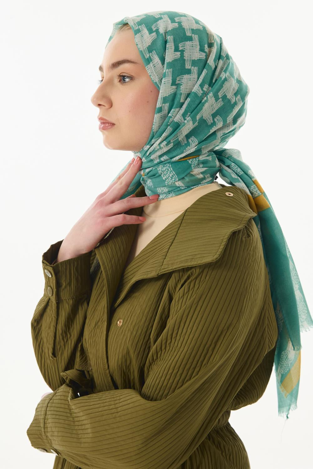 Misty mint yeşil çizgi desen pamuklu şal | Renk: Mint yeşil