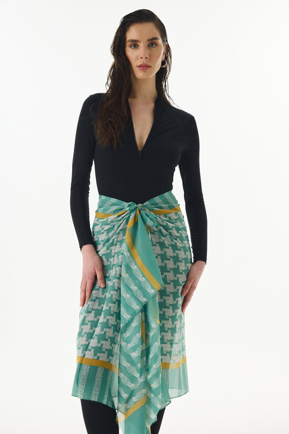 Misty mint yeşil çizgi desen pamuklu şal | Renk: Mint yeşil