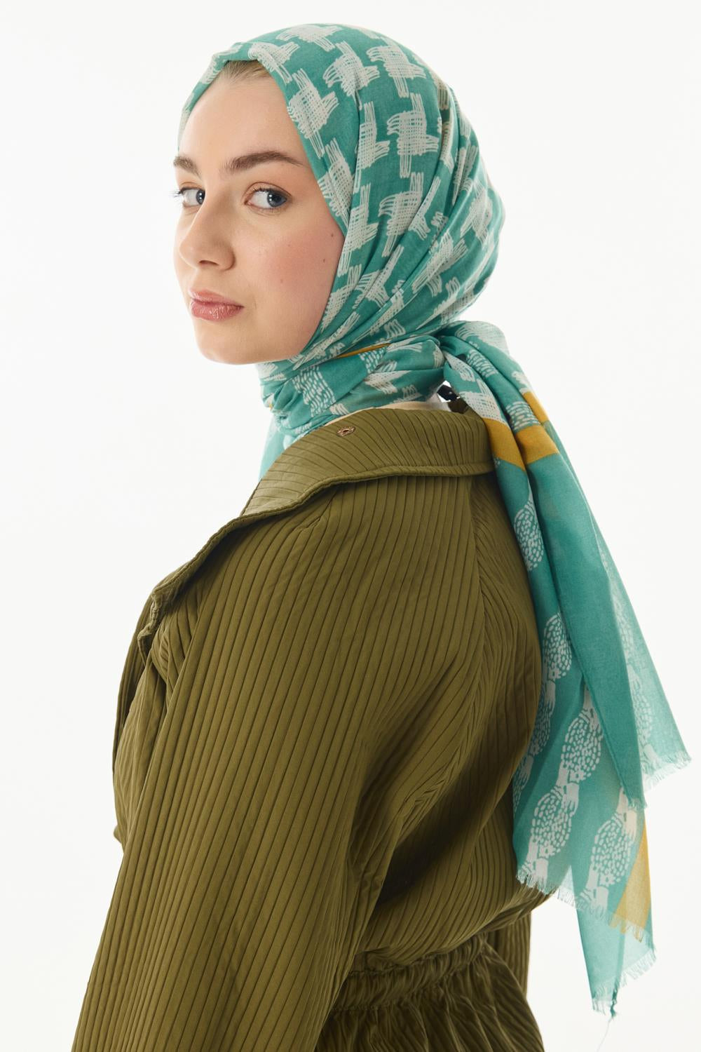 Misty mint yeşil çizgi desen pamuklu şal | Renk: Mint yeşil
