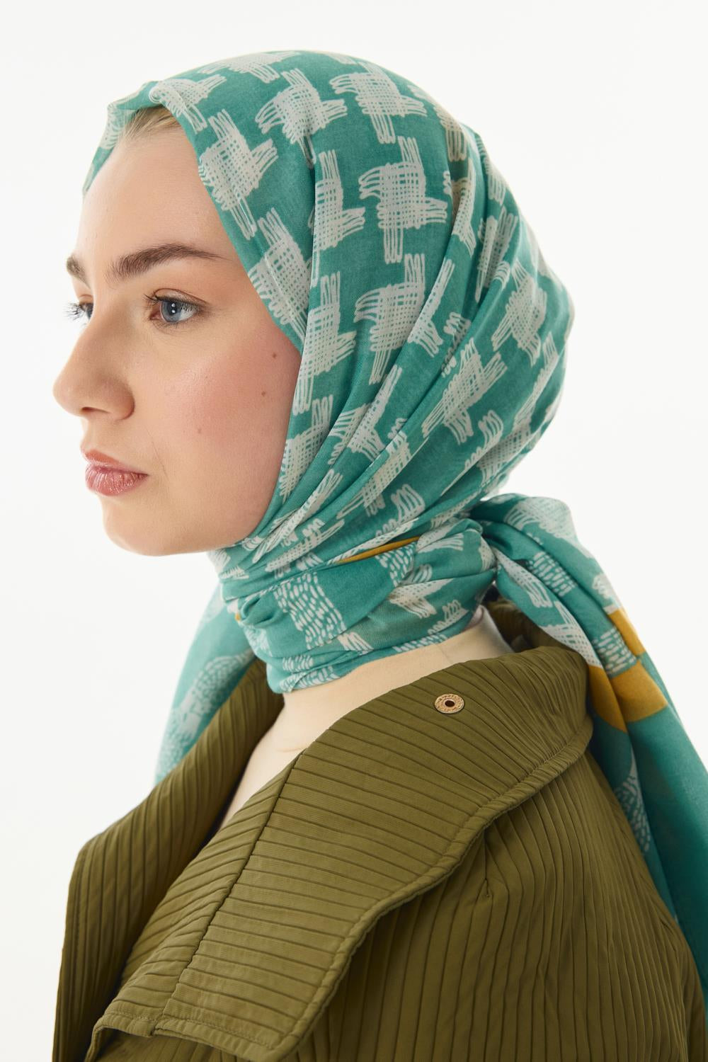 Misty mint yeşil çizgi desen pamuklu şal | Renk: Mint yeşil