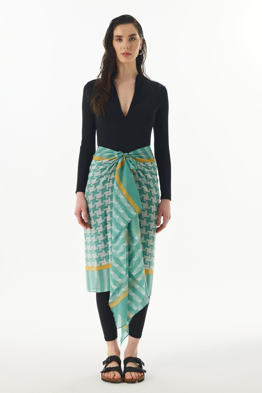 Misty mint yeşil çizgi desen pamuklu şal | Renk: Mint yeşil