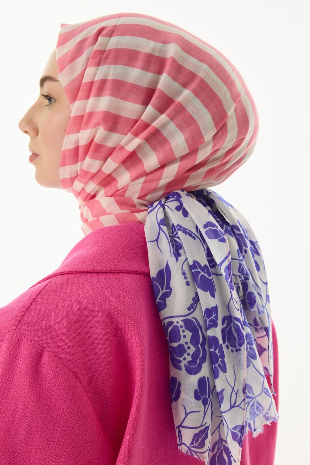 Pamela pembe-lacivert çizgili sarmaşık desen pamuklu şal | Renk: Pembe lacivert