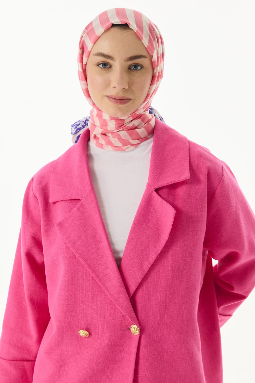 Pamela pembe-lacivert çizgili sarmaşık desen pamuklu şal | Renk: Pembe lacivert