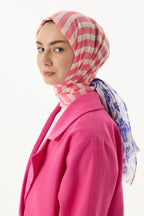 Pamela pembe-lacivert çizgili sarmaşık desen pamuklu şal | Renk: Pembe lacivert