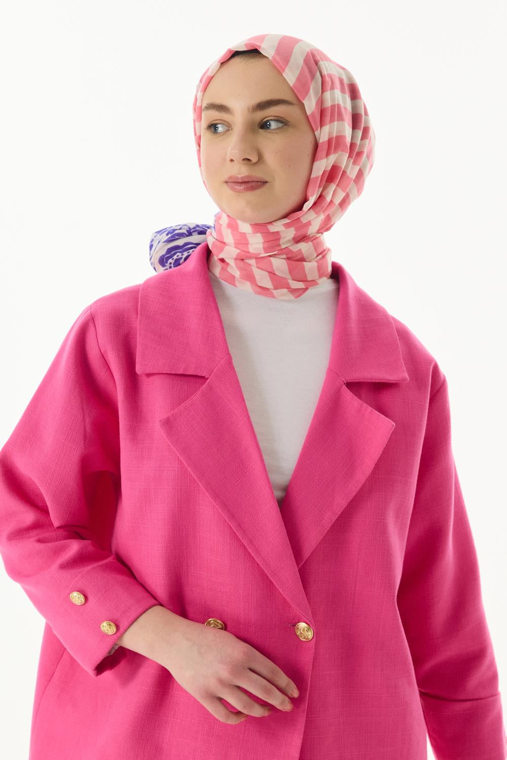 Pamela pembe-lacivert çizgili sarmaşık desen pamuklu şal | Renk: Pembe lacivert