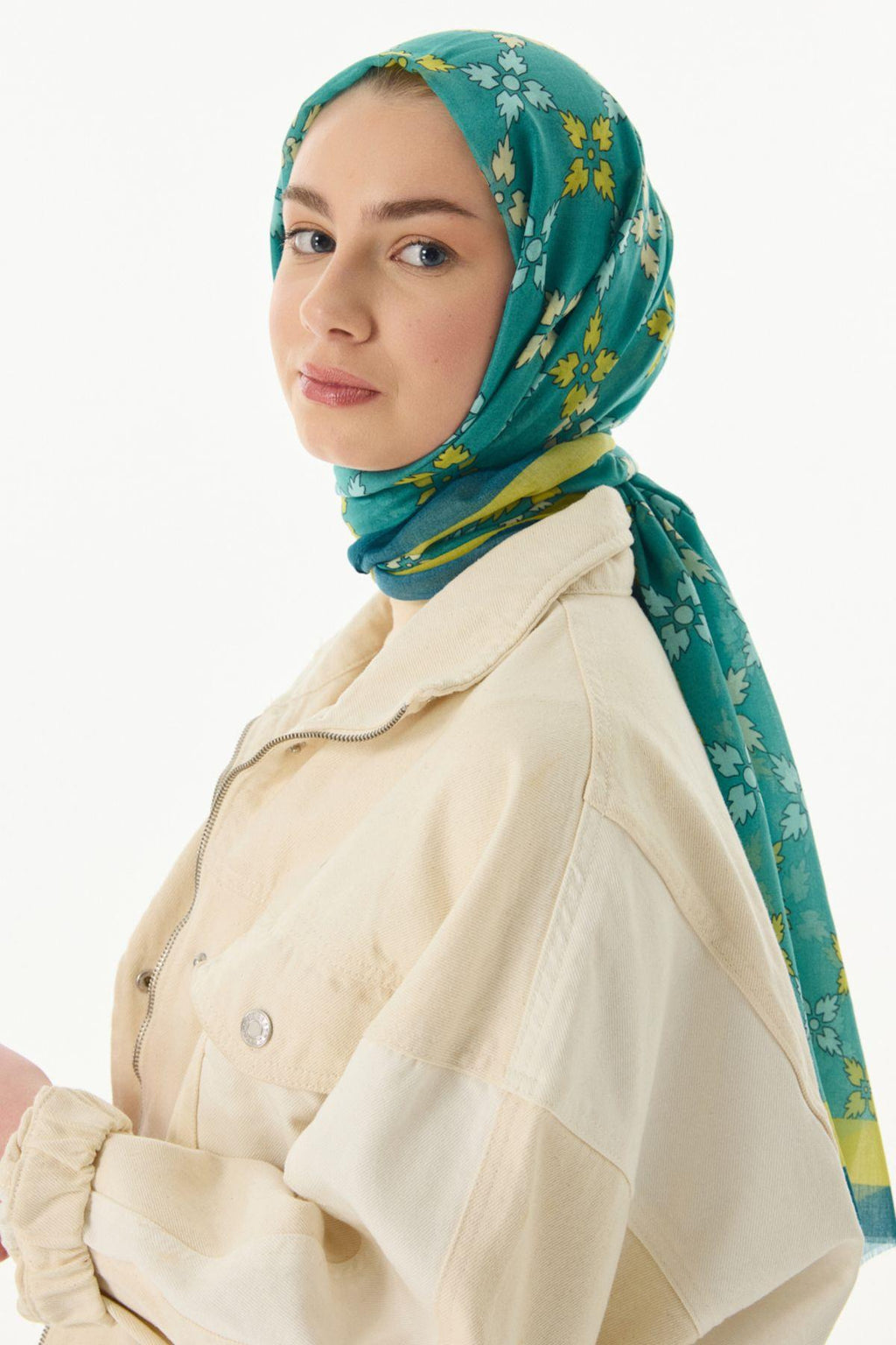 Perla petrol yeşil desenli pamuklu şal | Renk: Petrol yeşil