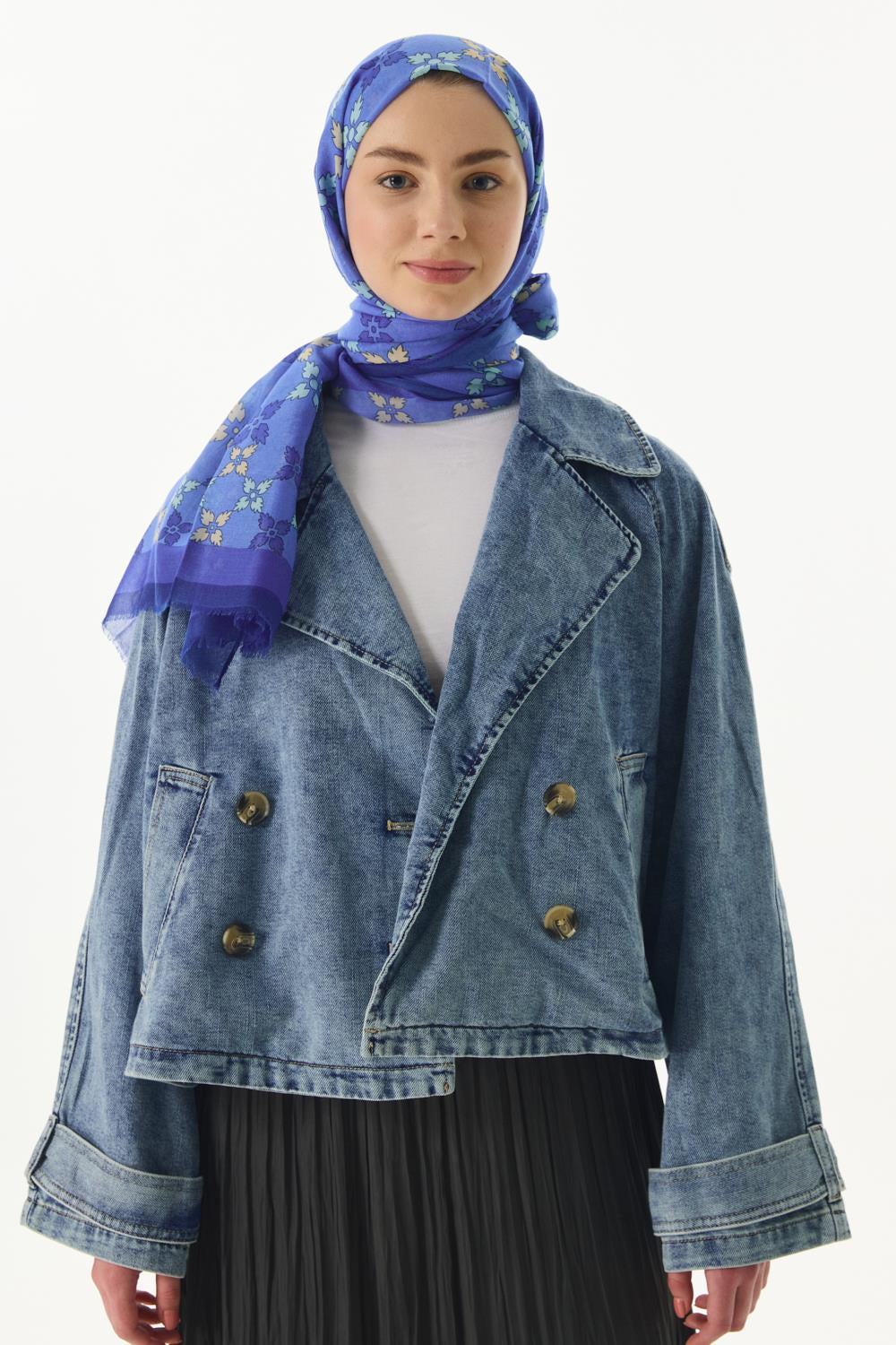 Perla indigo desenli pamuklu şal | Renk: İndigo
