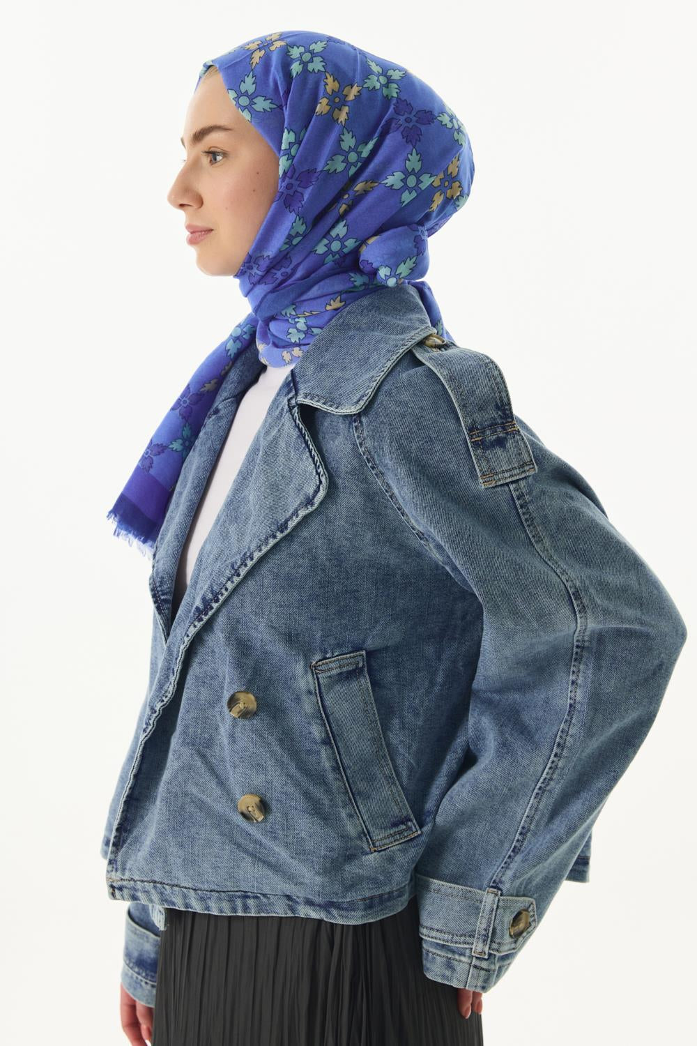 Perla indigo desenli pamuklu şal | Renk: İndigo