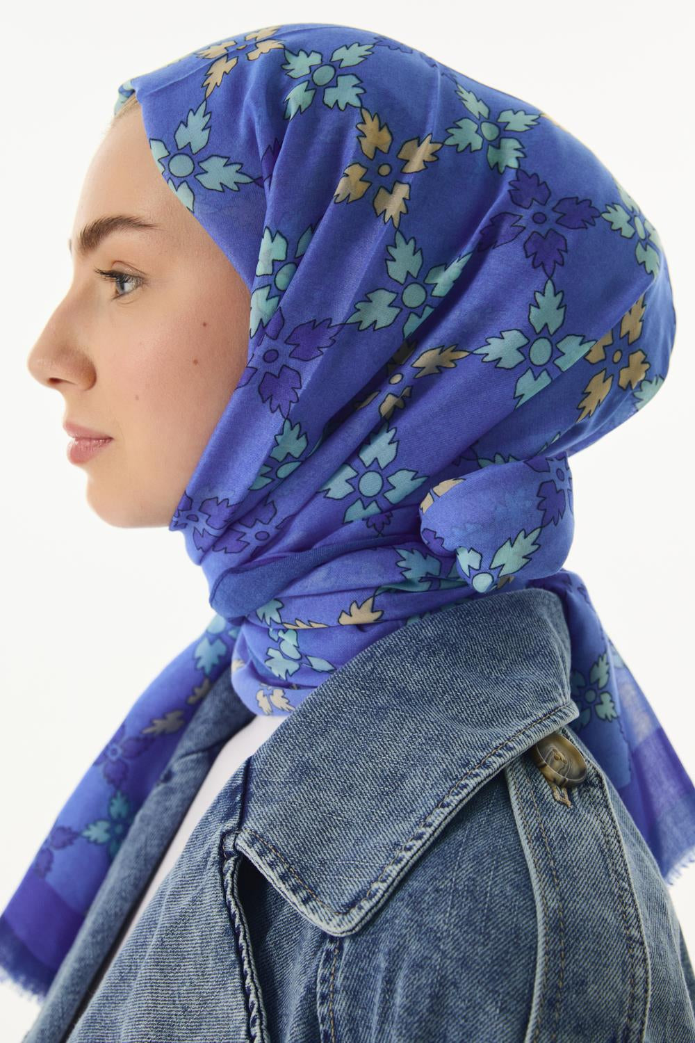 Perla indigo desenli pamuklu şal | Renk: İndigo