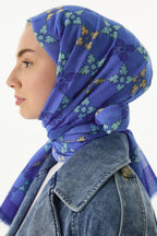 Perla indigo desenli pamuklu şal | Renk: İndigo