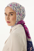 Rose fuşya-lacivert çiçek desen pamuklu şal | Renk: Fuşya lacivert