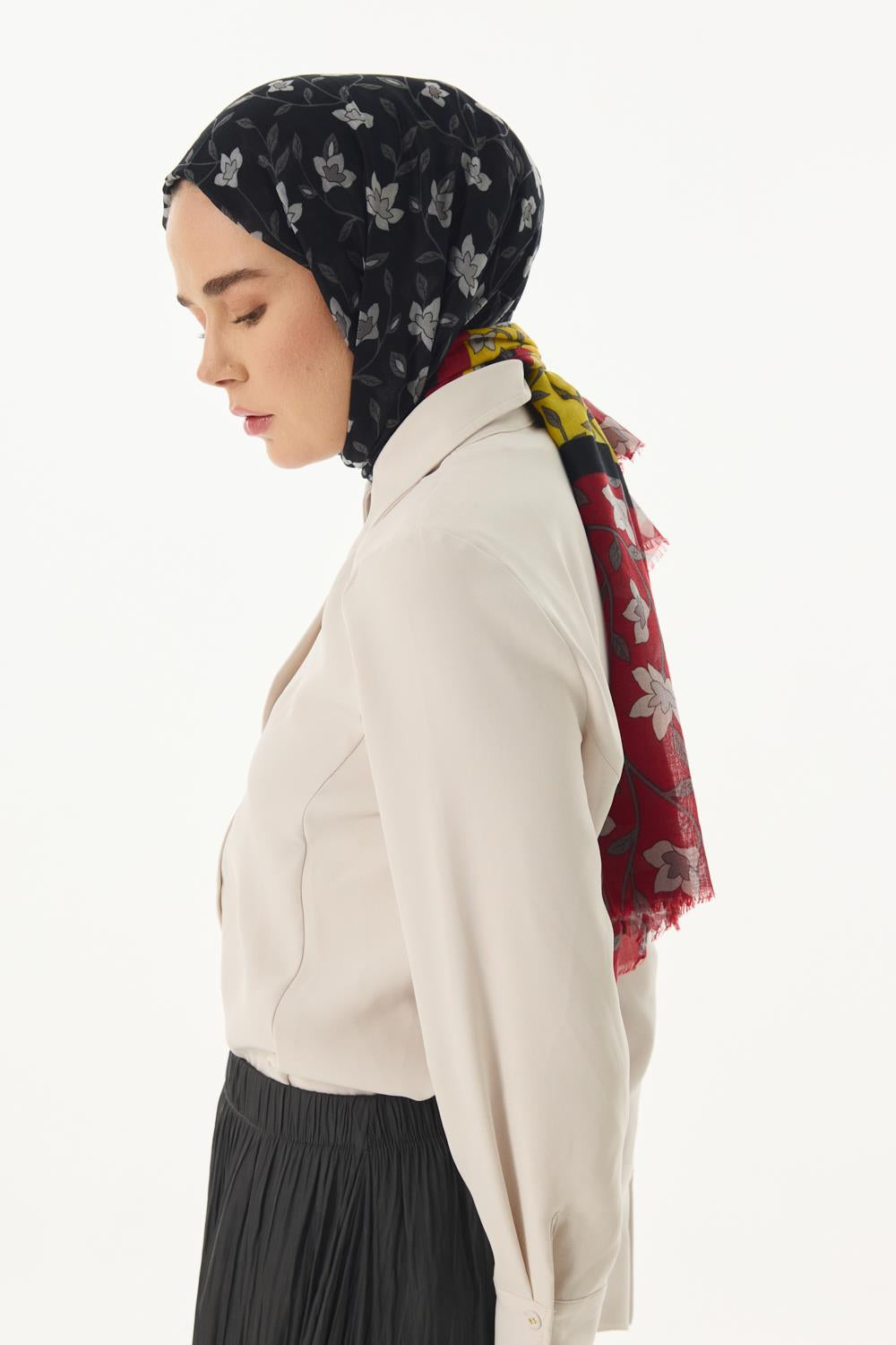 Rose kırmızı-sarı çiçek desen pamuklu şal | Renk: Kırmızı sarı