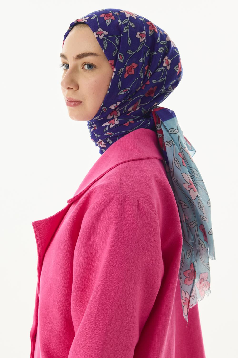 Rose nar çiçeği - mint çiçek desen pamuklu şal | Renk: Nar çiçeği mint