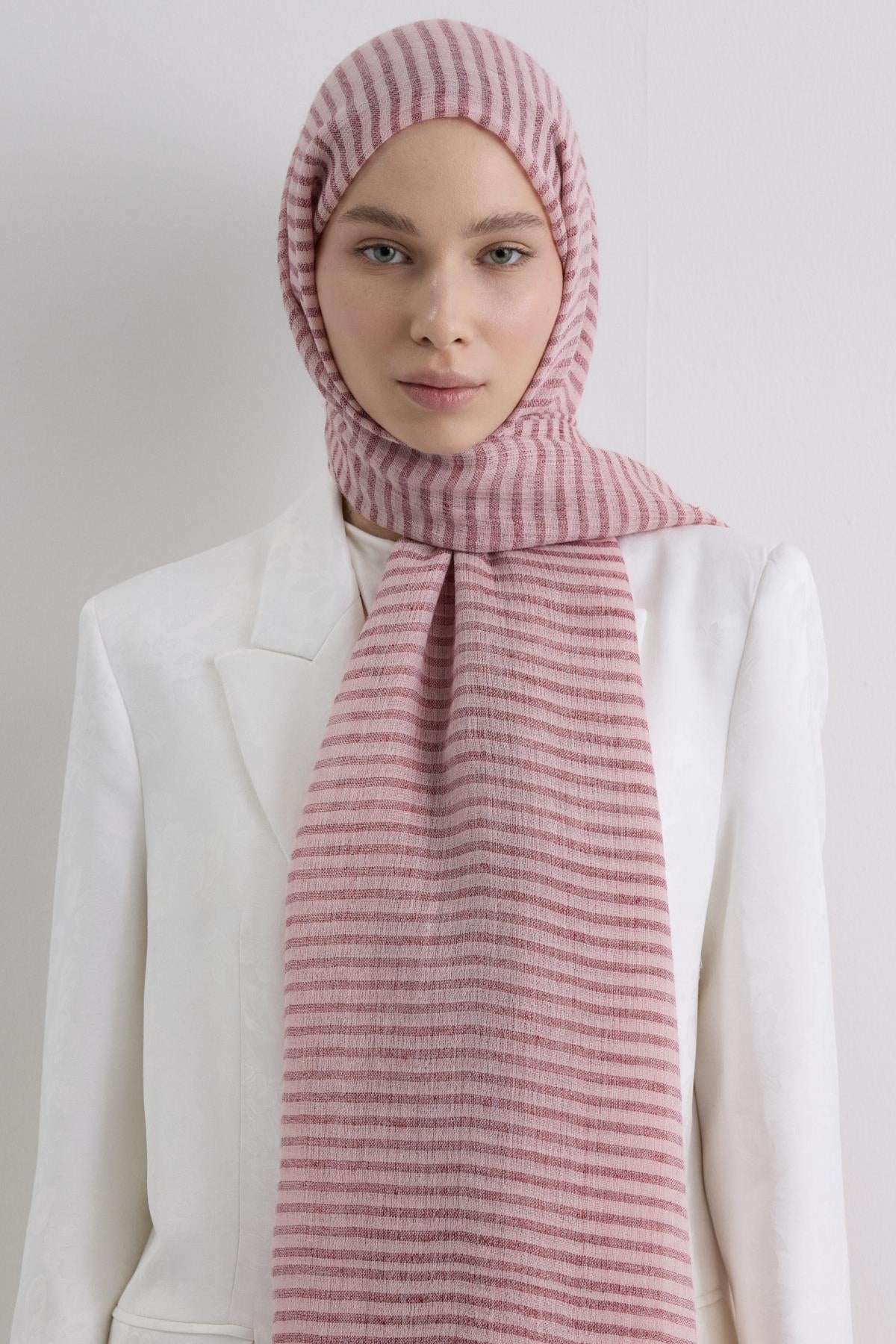 Sara pembe geniş çizgili keten dokulu pamuklu şal | Renk: Pembe