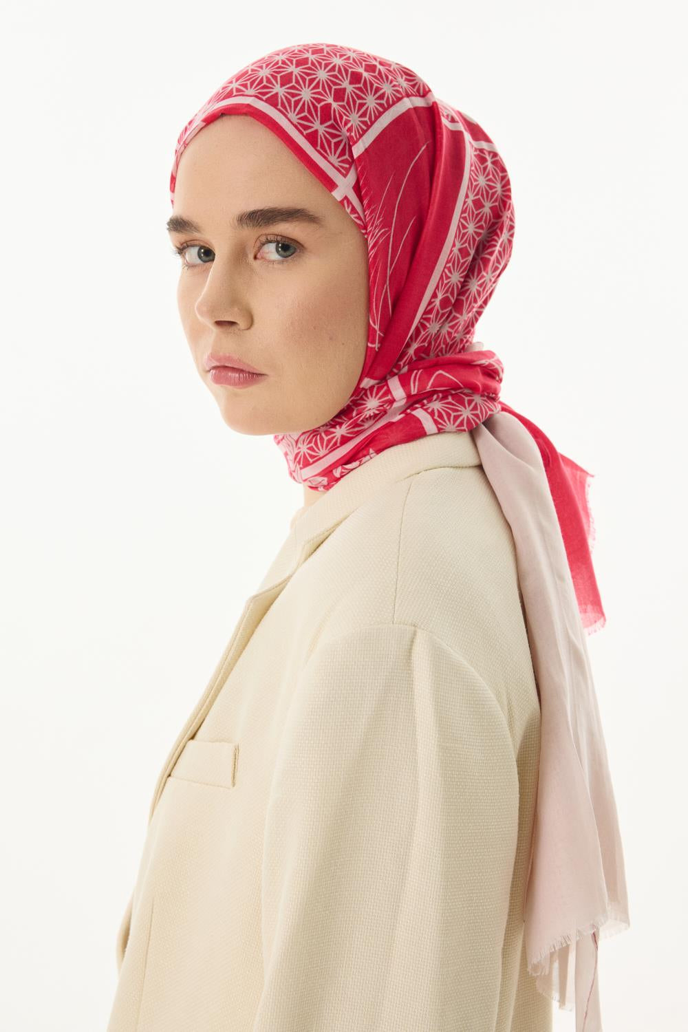 Shay fuşya pudra çiçek desen pamuklu şal | Renk: Fuşya pudra