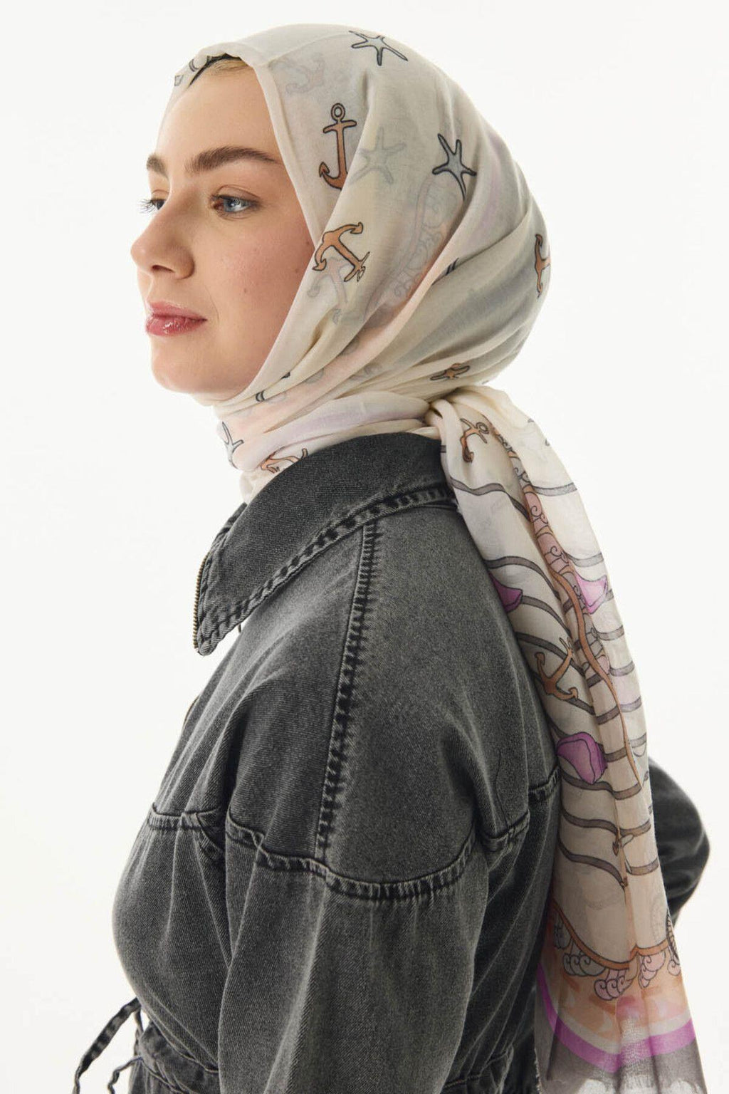 Terra krem-şeker pembe okyanus desen pamuklu şal | Renk: Krem-şeker pembe