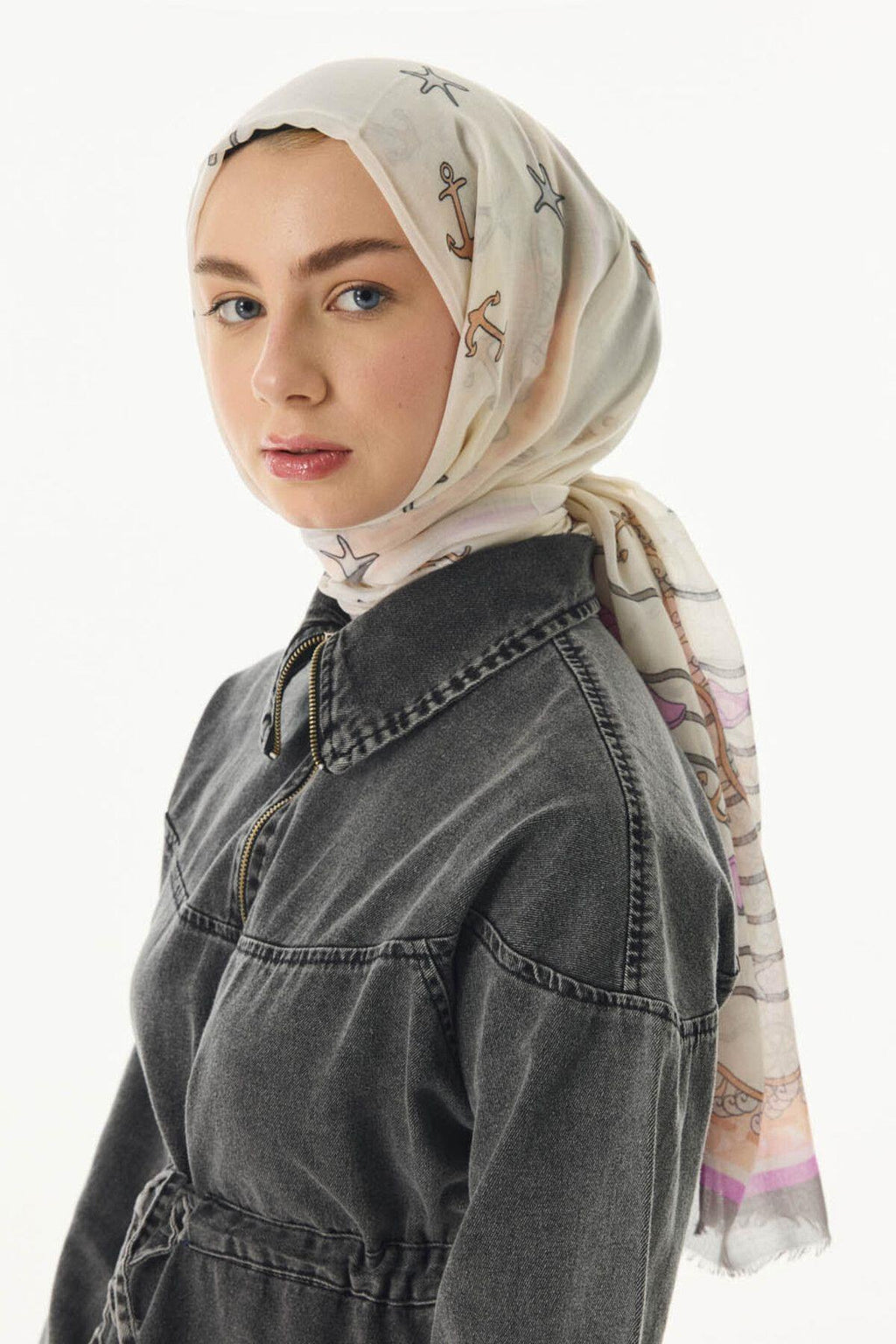 Terra krem-şeker pembe okyanus desen pamuklu şal | Renk: Krem-şeker pembe