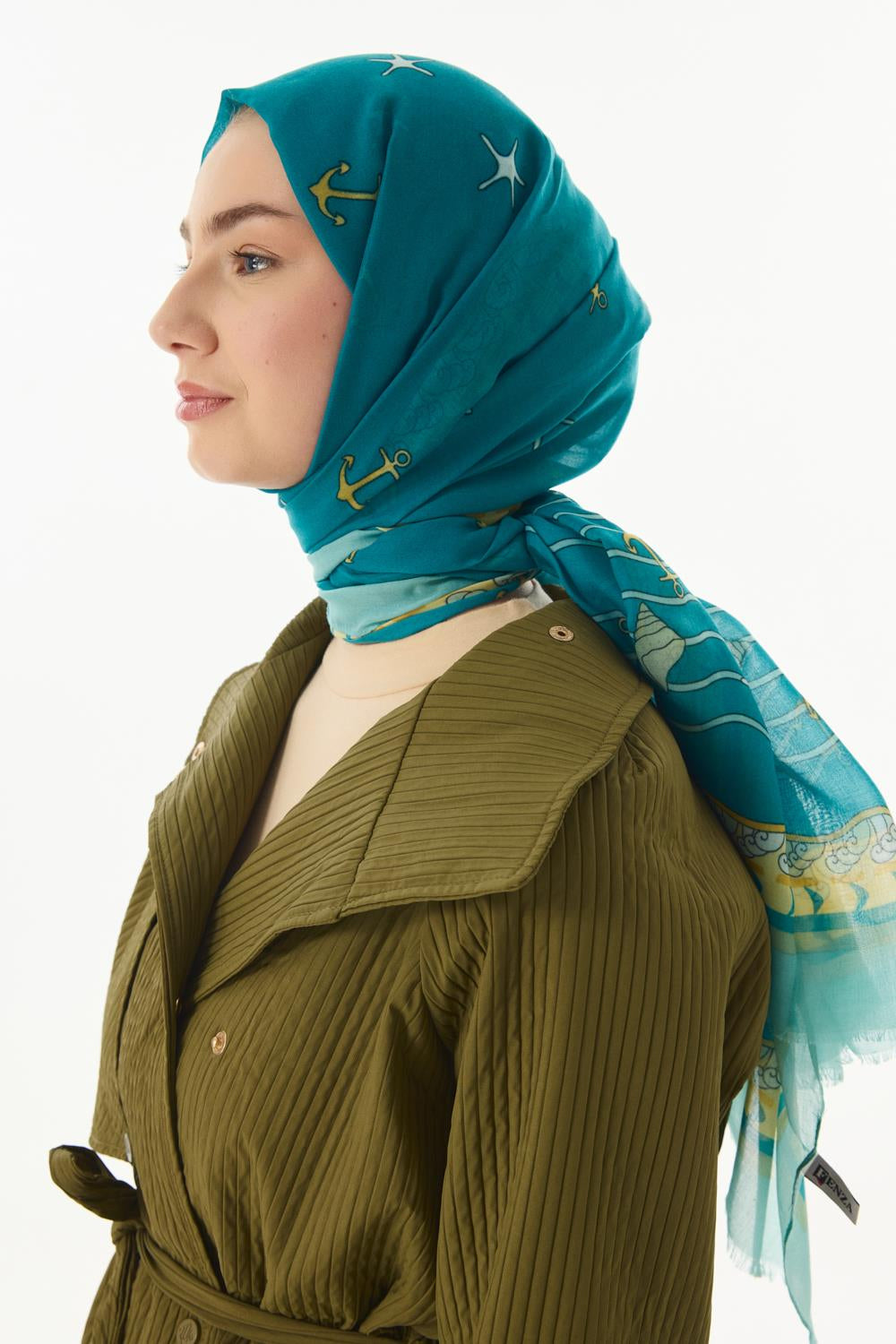 Terra petrol yeşil okyanus desen pamuklu şal | Renk: Petrol yeşil
